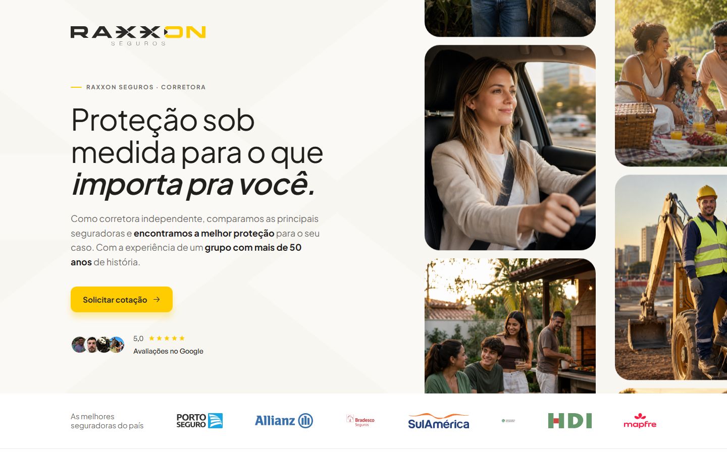 Abertura da p&aacute;gina da Raxxon Seguros